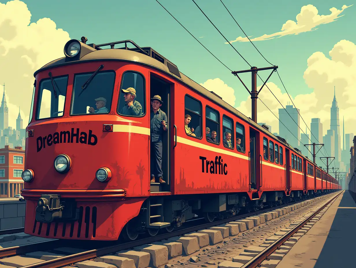 Vector. Create an image in Flux with a detailed image style and bold text. The image should show a train with a con man and passengers. The train should be moving along the tracks with a city in the background. The text on the first car on the side should say 'DreamHab' and on each other car should be written 'Traffic'. The text should be written in black.