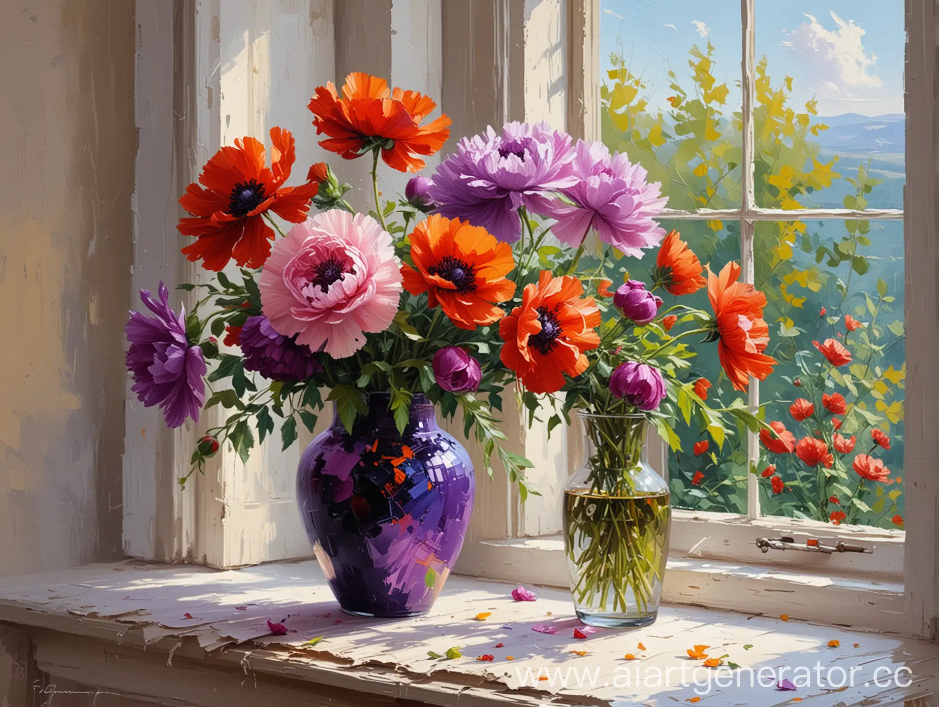 ((perform with large thick fat three-dimensional strokes with a palette knife)) impressionism in oil, still life, chic purple peonies and huge red poppies stand in a vase on the windowsill, perform only with a palette knife

