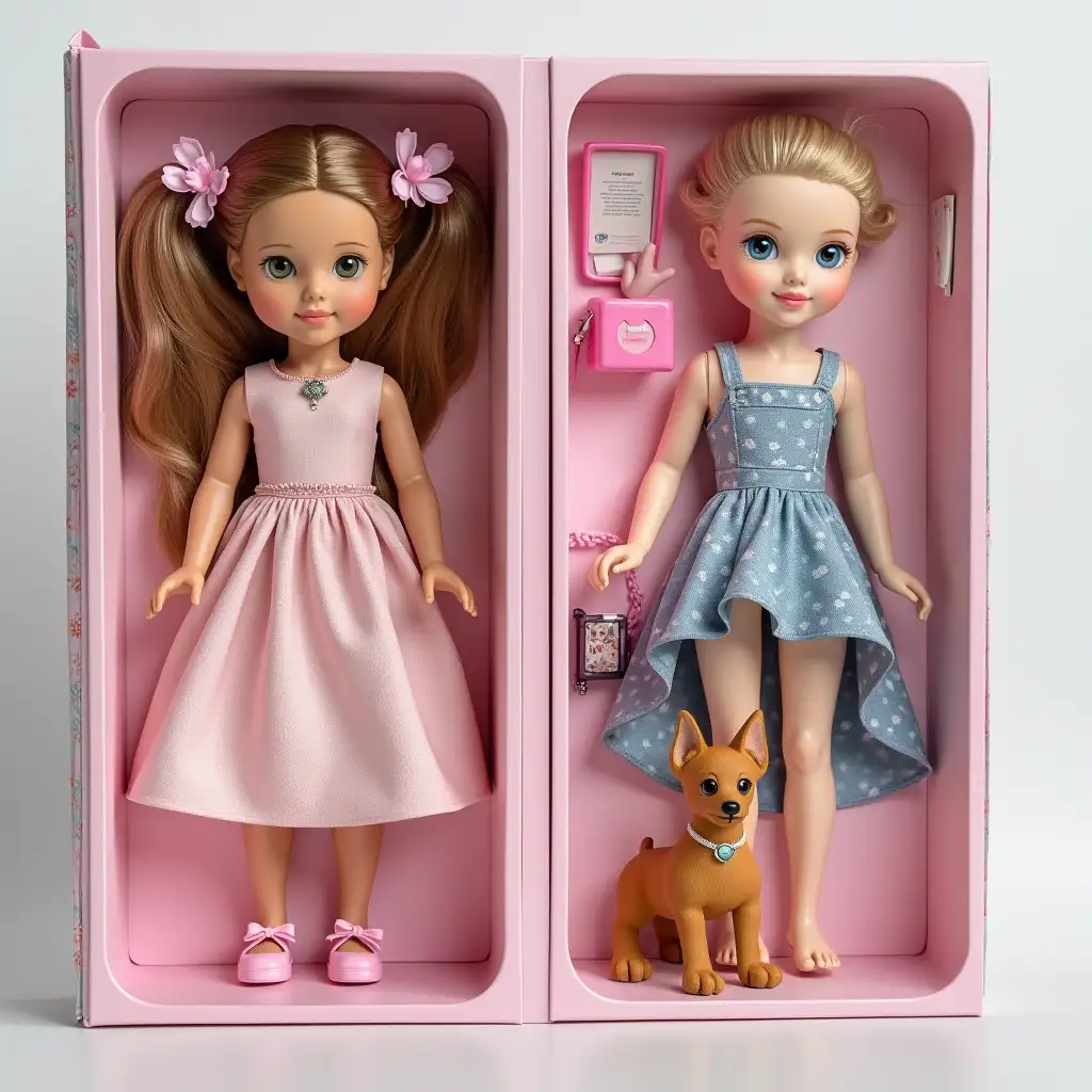 Create a doll in a transparent packaging. Accessories: flower, phone, book and doberman