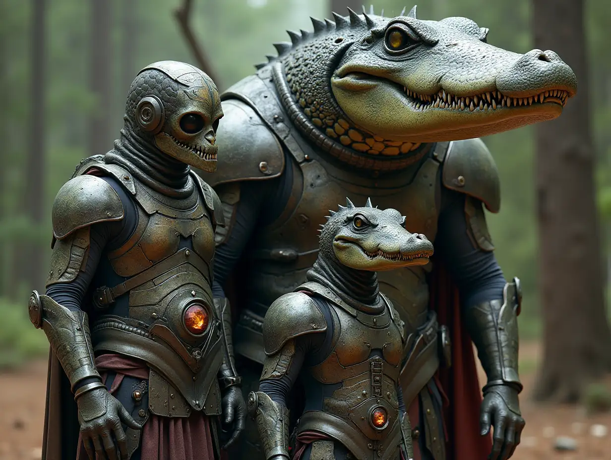 Ki-Fantasy Family,Man,Woman, and Children, giant Alligator face and with Glass and Metal armor equipment