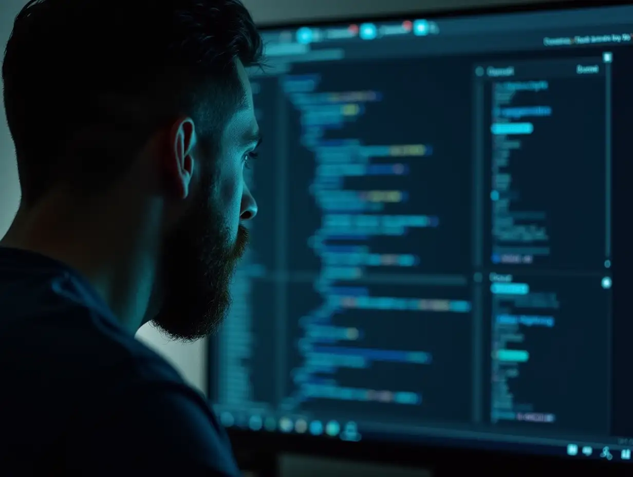 Man searching in his computer screen the code with google