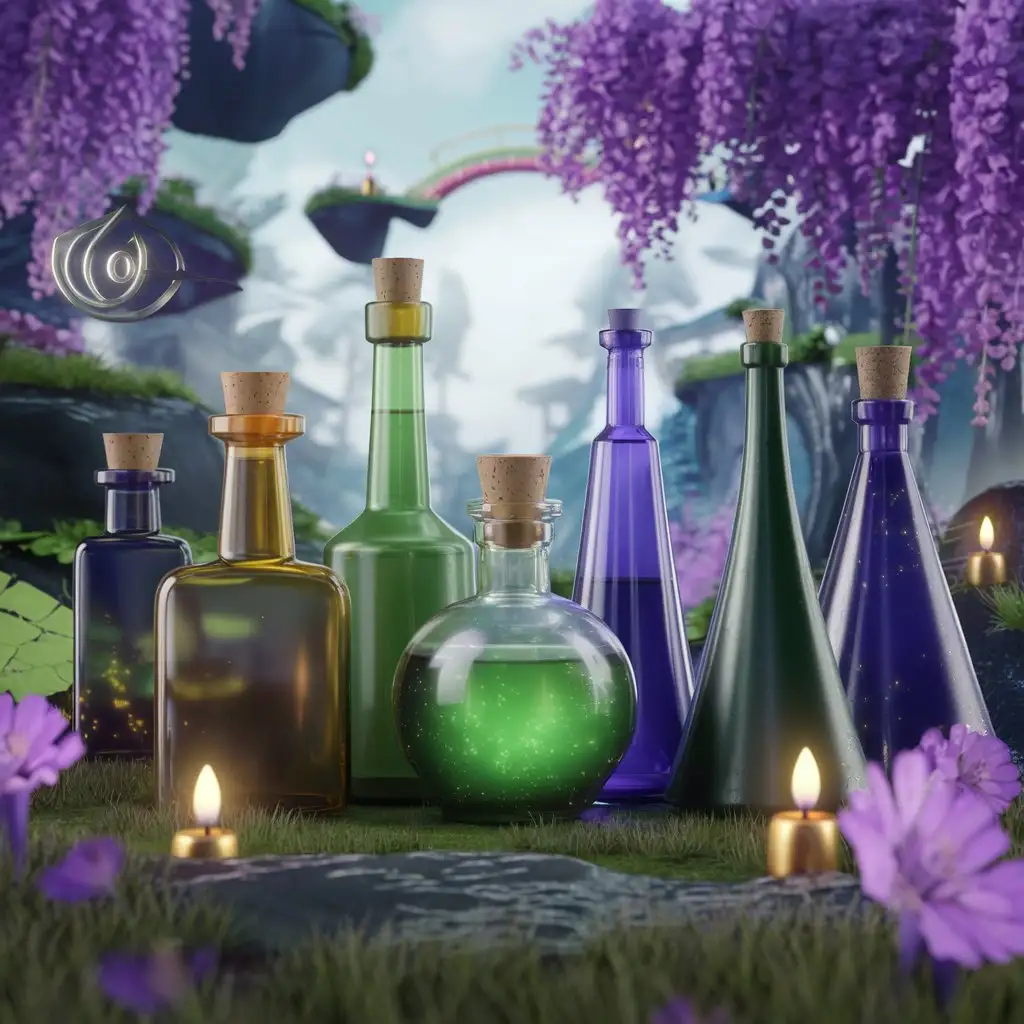 6 bottles are standing on a nature background with 3d special effects