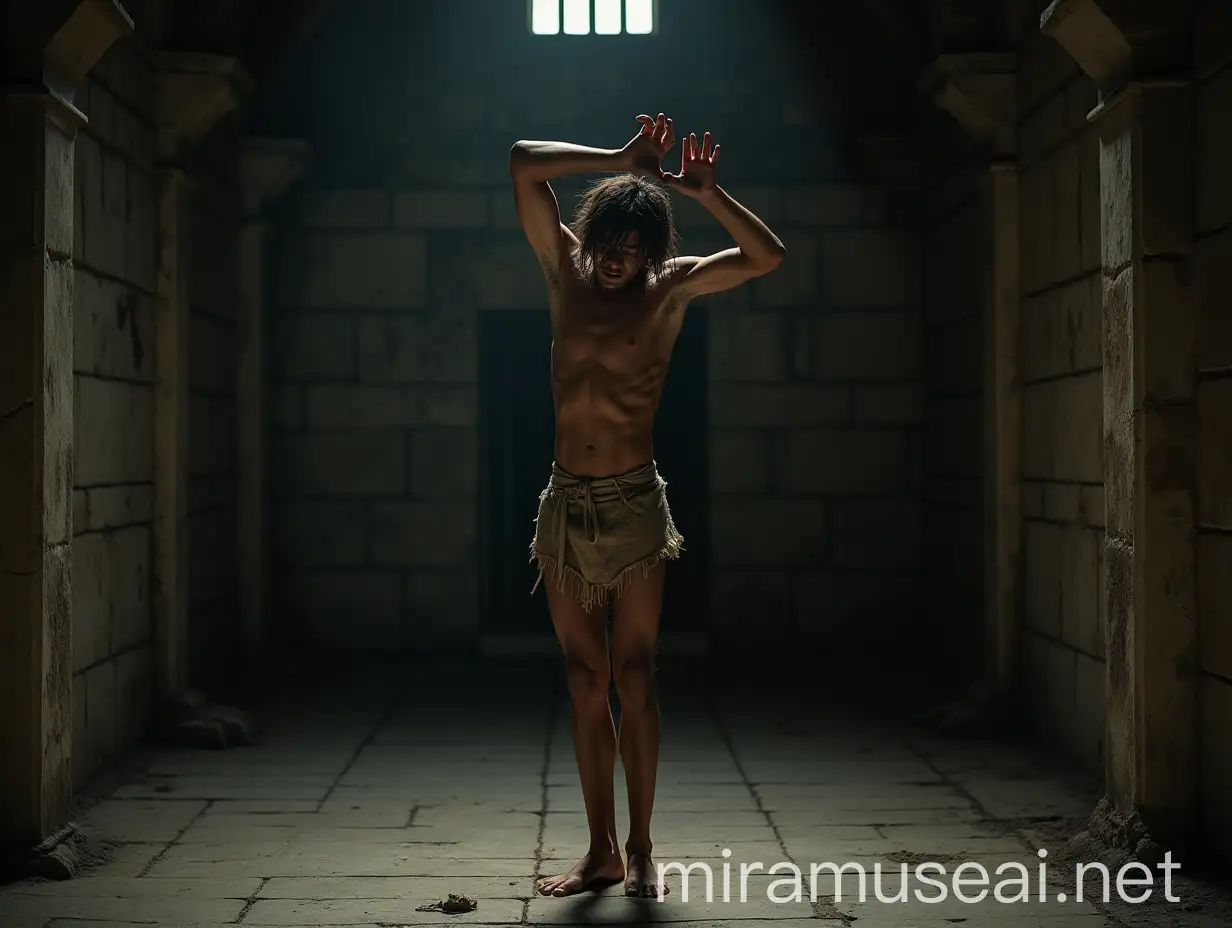 A low angle, full body shot of an extremely lean, handsome young man, about 18 years old, standing barefoot on his toes on a cold, dirty stone floor in a dimly lit, wide ancient vault. His body is positioned to the left, showing his right side, his head bowed humbly, gazing at the floor, his long, tousled hair unkempt. His slender, delicate frame glistens with sweat. He wears a ragged, torn and ripped loincloth, thin with age, barely covering his dirty body. His expression is desperate, begging and fearful, accentuating his vulnerability. He stretches his arms out, above his head, as much as possible crossing his wrists high up in the air. His lean body maximally stretched out. The damp prison walls, thick with dust, dirt, and cobwebs, heighten the oppressive atmosphere. Faint light filters through a small grated window, casting dramatic shadows across the scene. The dramatic interplay of light and shadow focuses on extreme realism, capturing the suffering of the young man and the harshness of his environment, with vivid colors and meticulous attention to every agonizing detail. Shot with a Nikon Z7 II, 50mm f/1.4 lens, shallow depth of field.