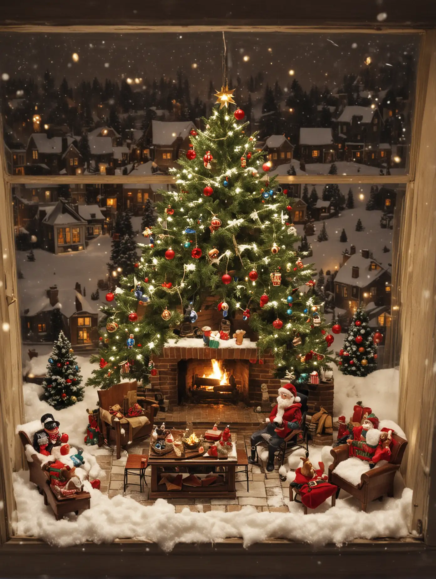 christmas_tree, christmas, chimney, snow, fireplace, scenery, from_above, table, window, christmas_ornaments, multiple_boys, chair, tree, night, box, house