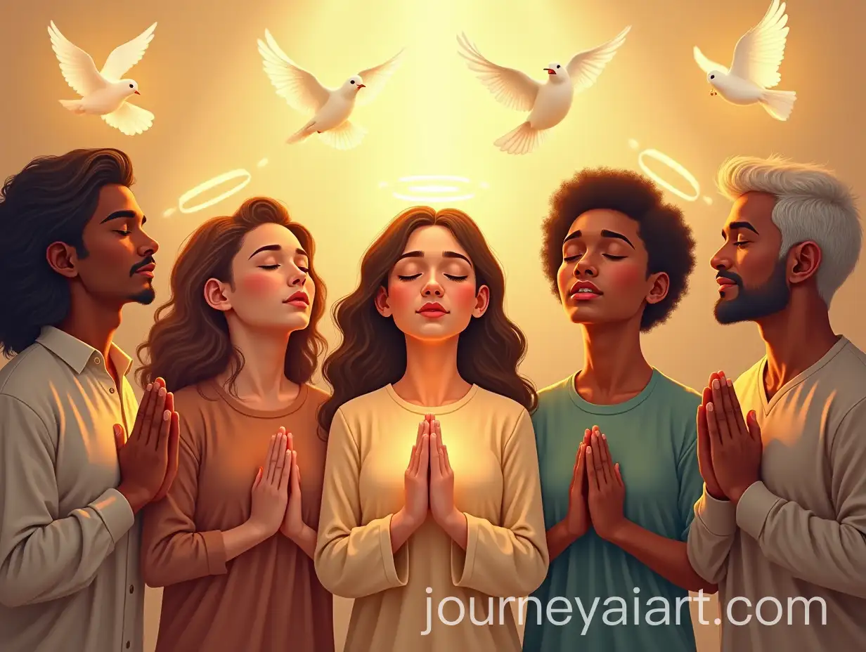 Diverse-Group-of-People-Praying-in-a-Serene-Spiritual-Setting-with-Halos-and-Doves