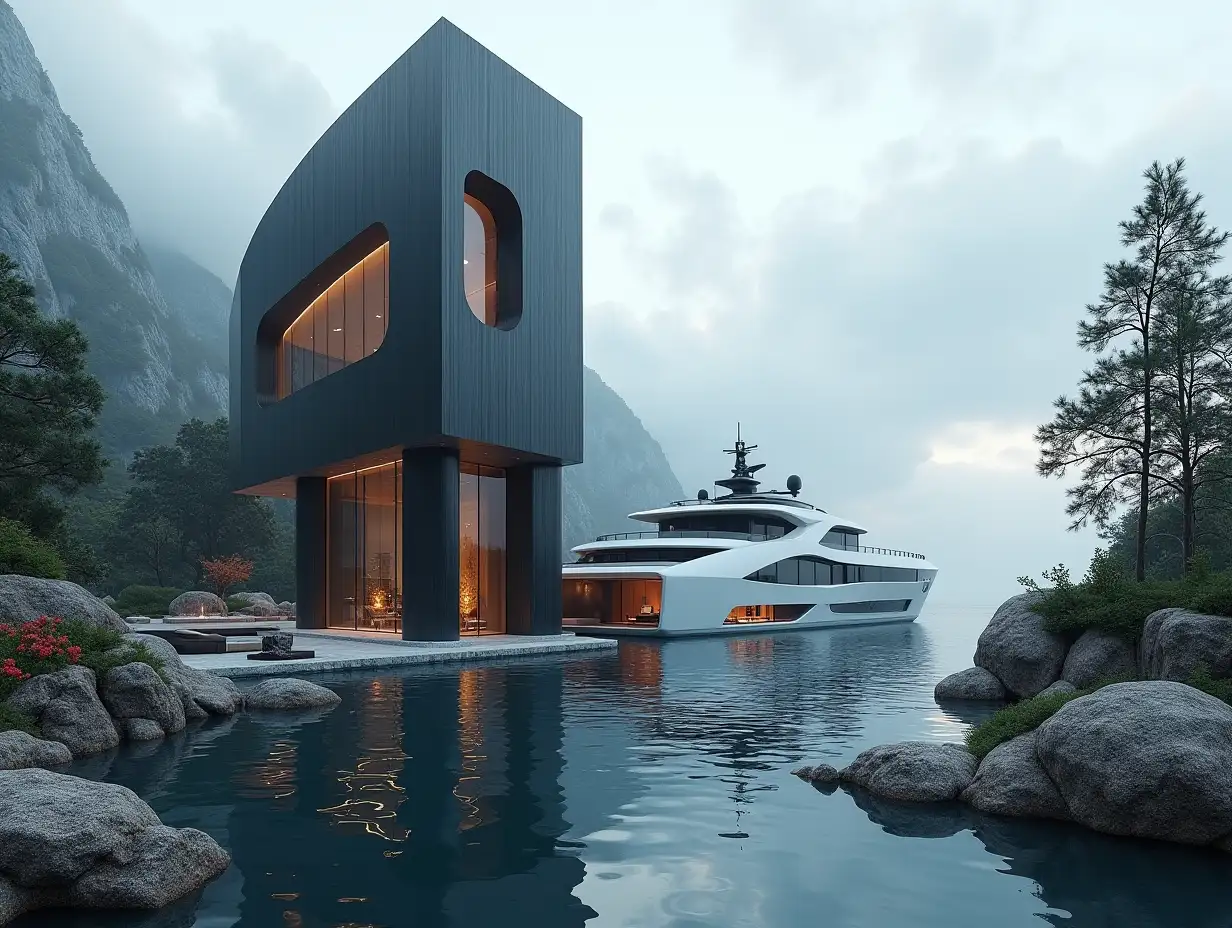 Create a high-resolution realistic image in 4k resolution a futuristic black Building with curved pillars, mountains large trees, rock flowers a futuristic big white Yacht with glass windows cloudy sky