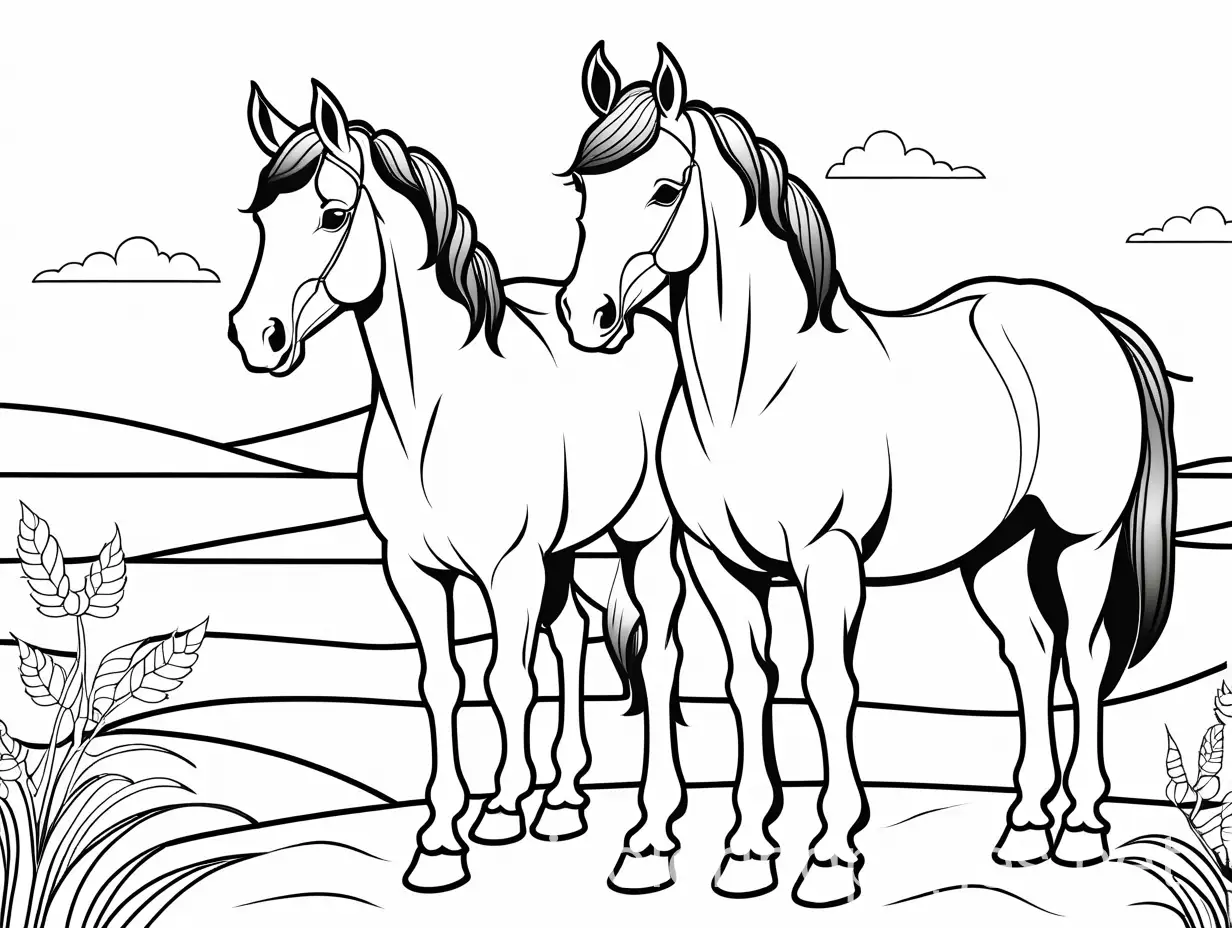 Smiling-Black-and-White-Horses-Coloring-Page