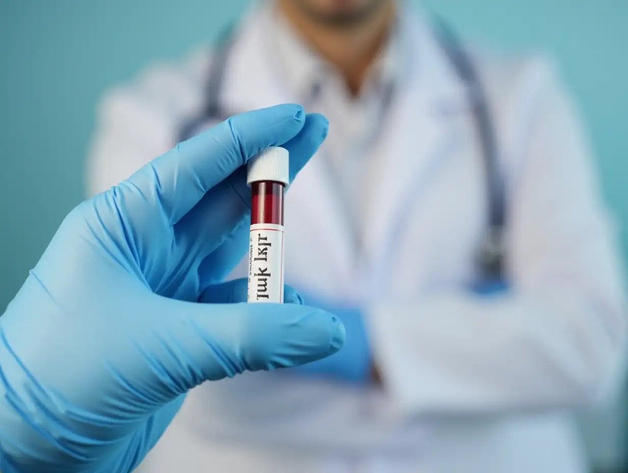 doctor with blood tube labeled with Tumor marker for analysis of cancer biomarkers test. Blood tube for Study of Tumor Marker test in biochemistry lab