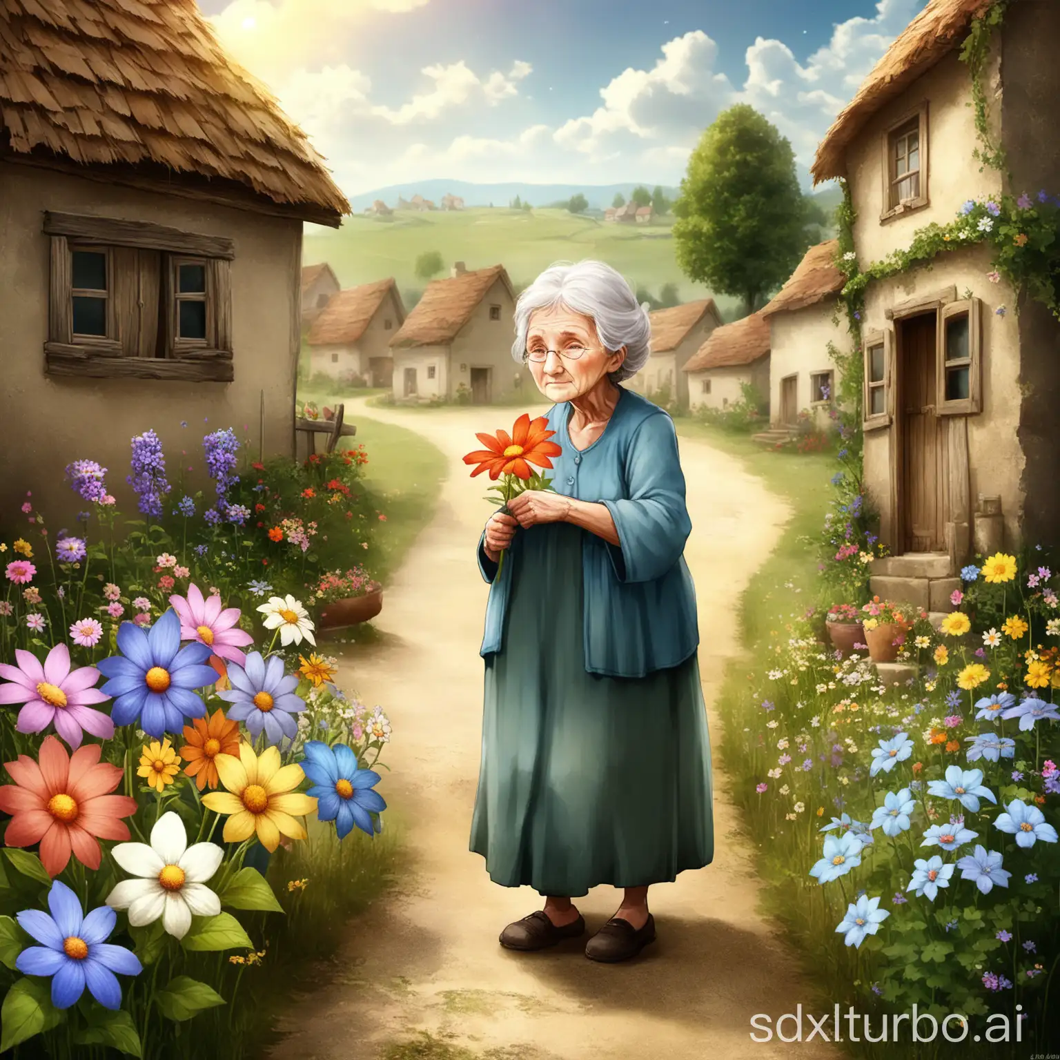 A long time ago, in a peaceful little village, lived a kind old grandmother. The old grandmother had a magical flower.