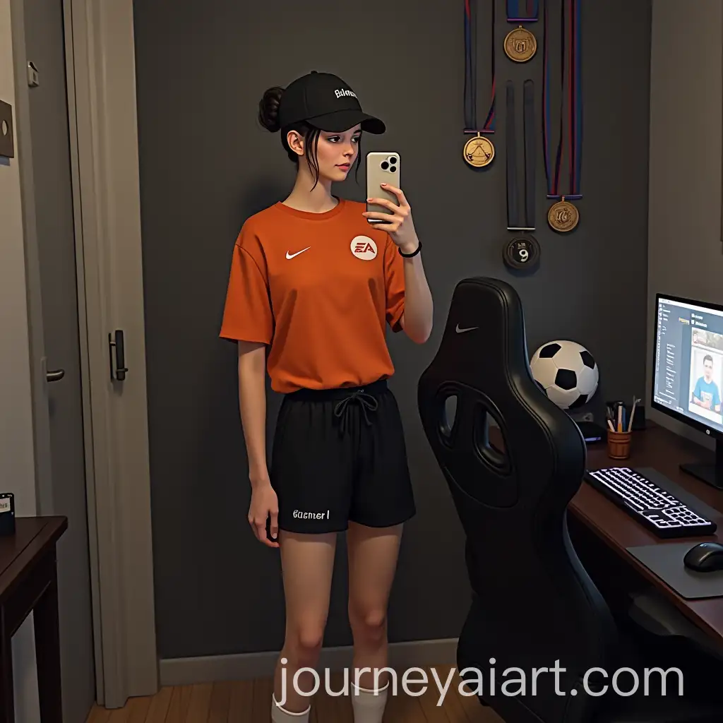 Thin-Girl-in-Mirror-Taking-Selfie-with-Gaming-Setup-and-Soccer-Medals