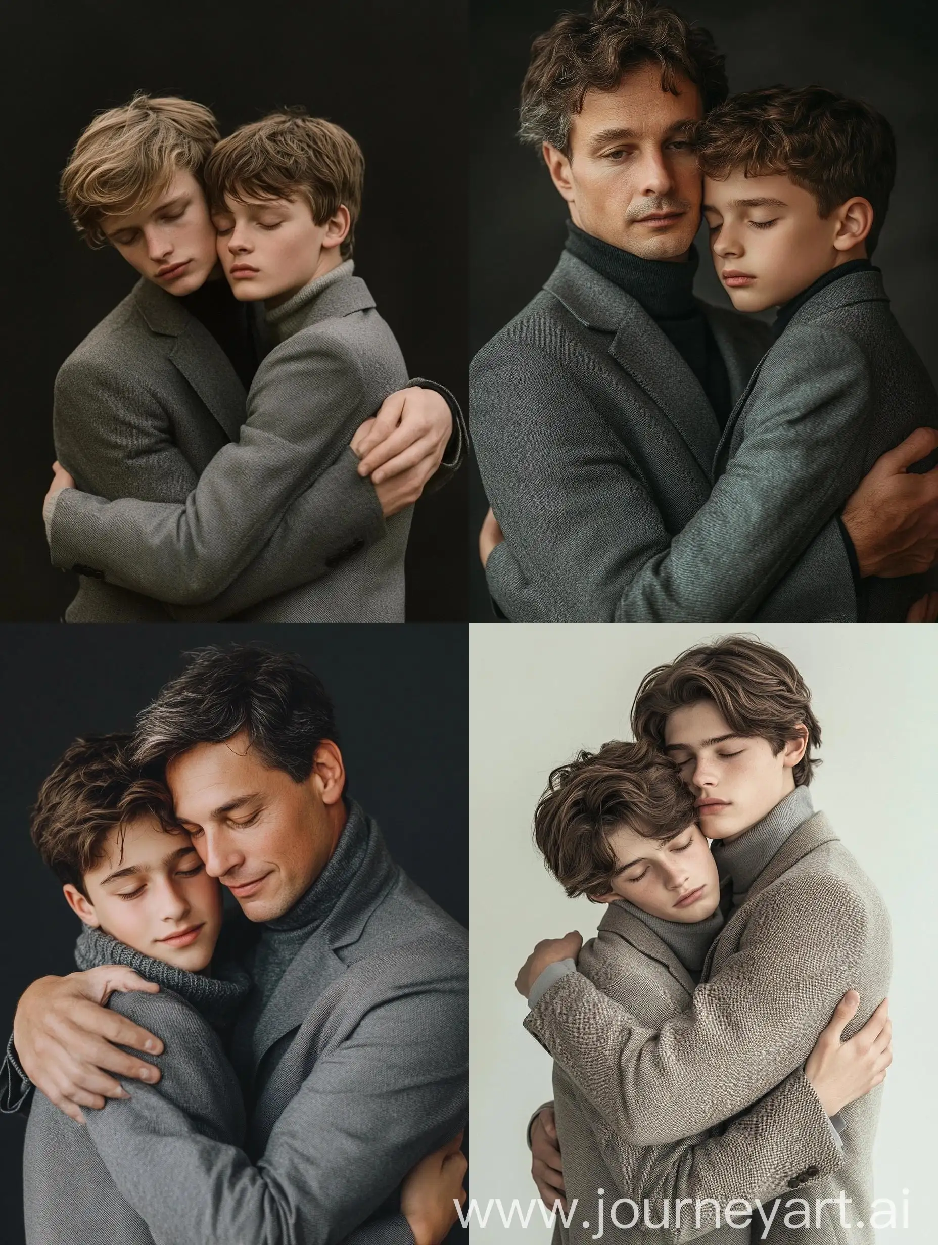 Father-Embracing-Teenage-Son-in-Matching-Grey-Attire