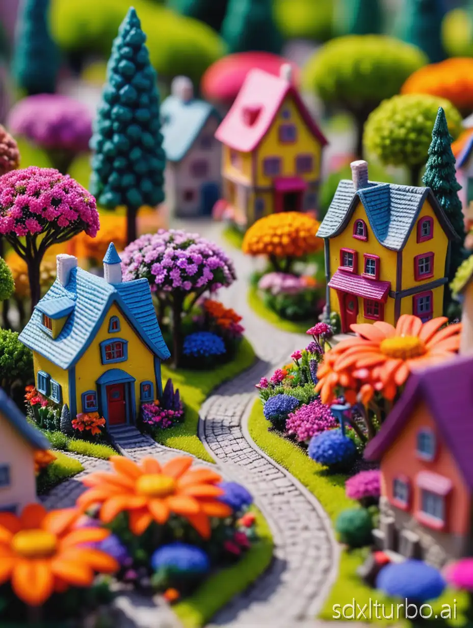 Macro shooting of a miniature village located in the middle of a flower, trees. All in bright colors.