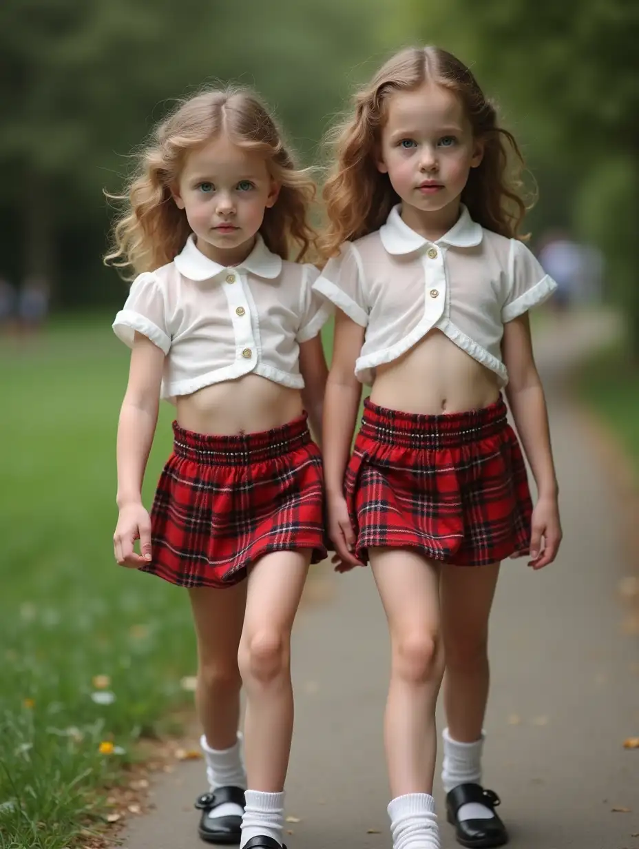 Two-Little-Girls-in-Plaid-Skirts-Walking-in-the-Park