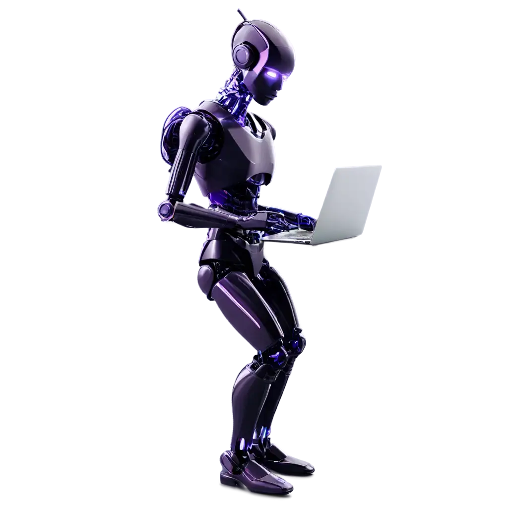 Create a picture of a real trading robot. Let the robot be seen from the side. Let the robot trade on the laptop. Use neon dark purple on the robot. so that only the head of the robot body is visible. keep the robot standing