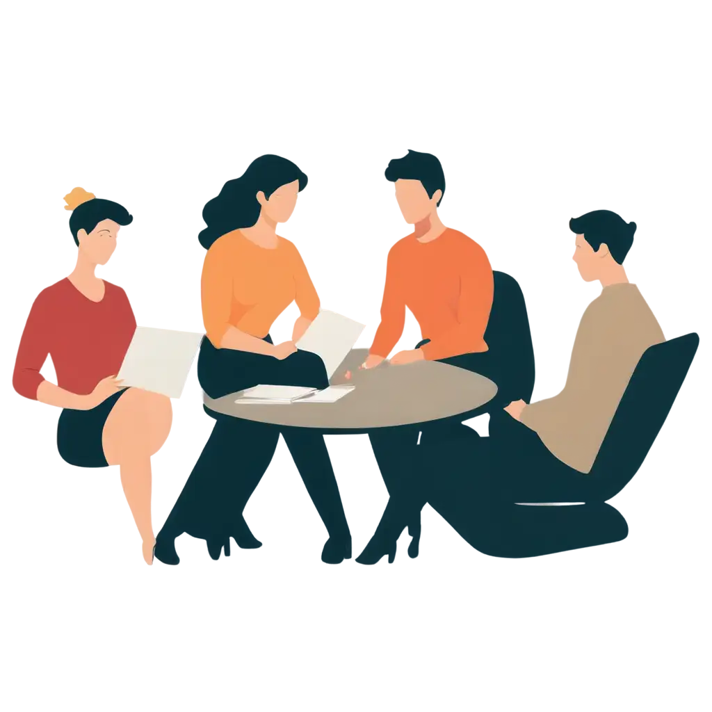 Flat-Illustration-PNG-of-Four-People-Discussing-Software-Project-Plan-Ideal-for-Collaborative-and-TechRelated-Visuals