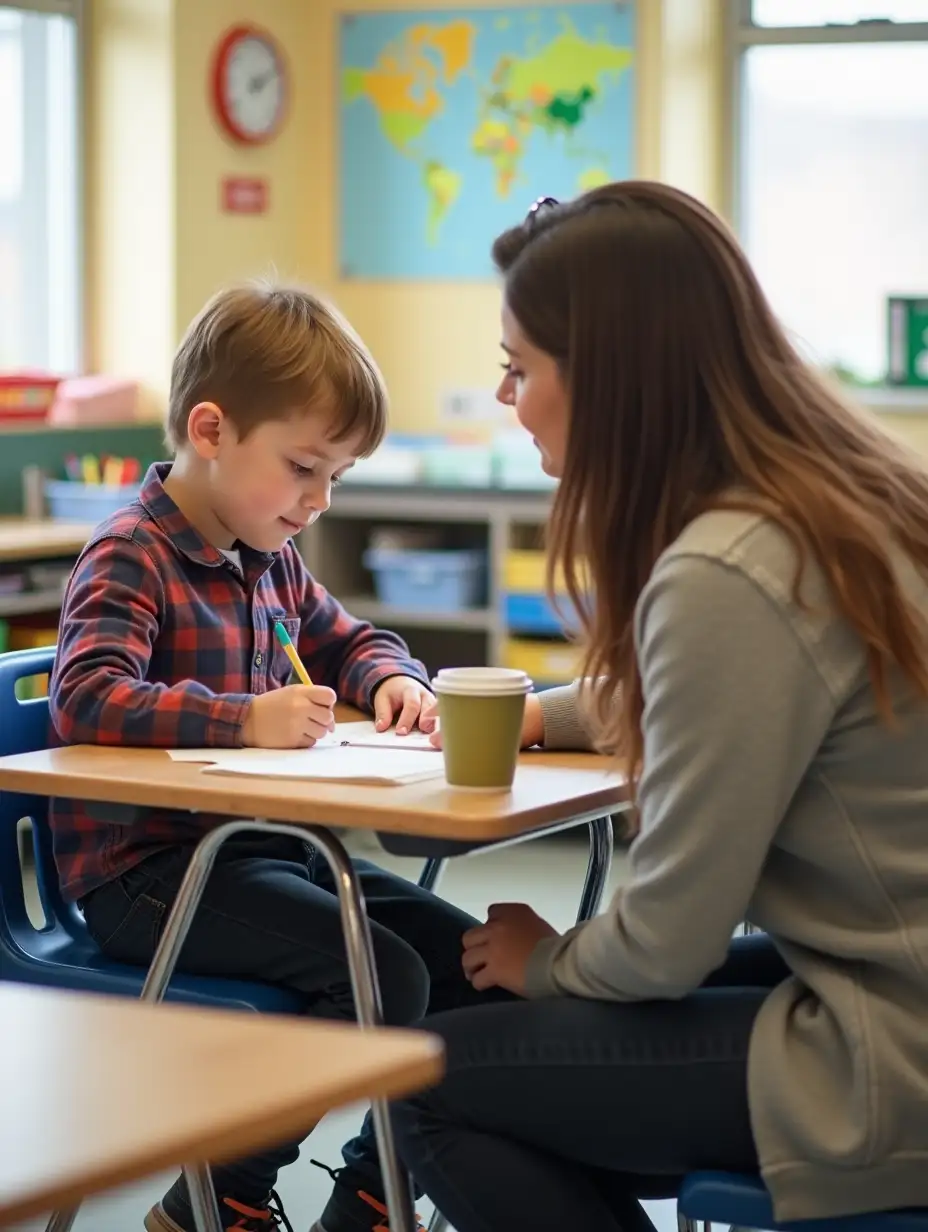 a little boy sitting at his desk in the classroom at an elementary school doing his morning work. His female aide is sitting with him at his desk helping him with his morning work. The aide has a cup of coffee with her.