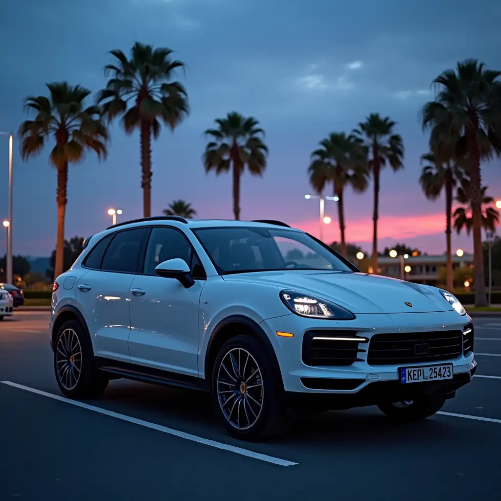 The image shows a white Porsche Cayenne SUV parked in a parking lot with palm trees in the background. The car is facing towards the left side of the image and is positioned in the center of the frame. The sky is dark blue and pink with a few clouds.