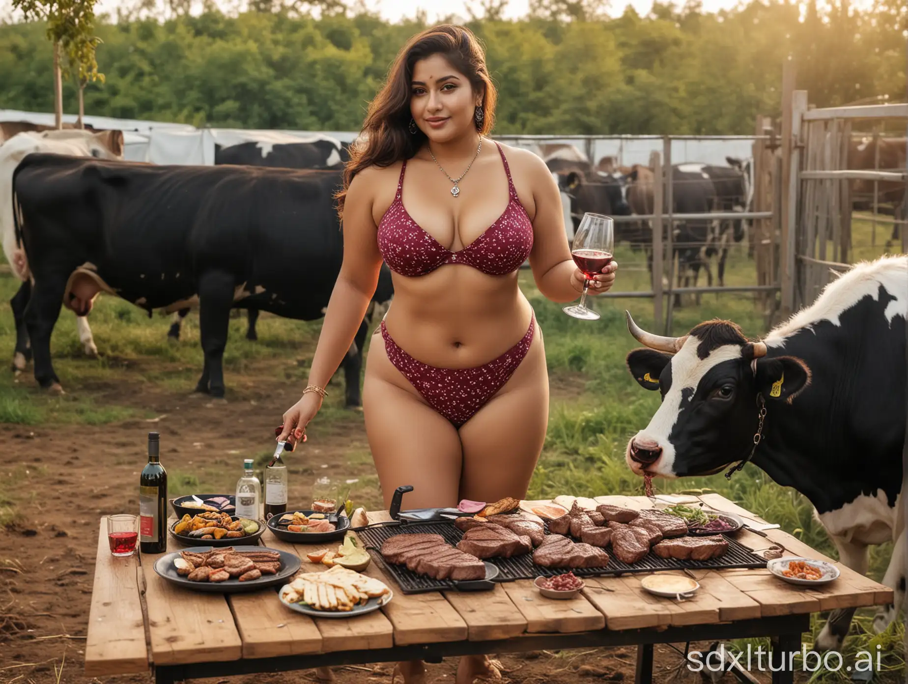 thick woman,indian, thick thighs,bikini, jewelery, eating barbecue steak  on a table, enjoying wine, steak on griller, cows grazing background