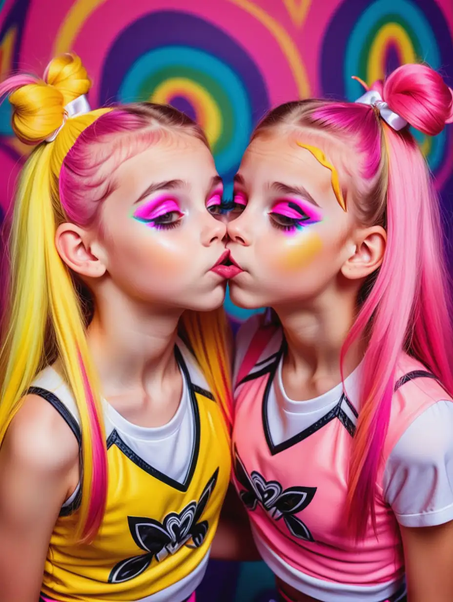 Two-12YearOld-Girls-with-Long-Yellow-and-Pink-Hair-Kissing-and-Hugging-in-Cheerleading-Outfits