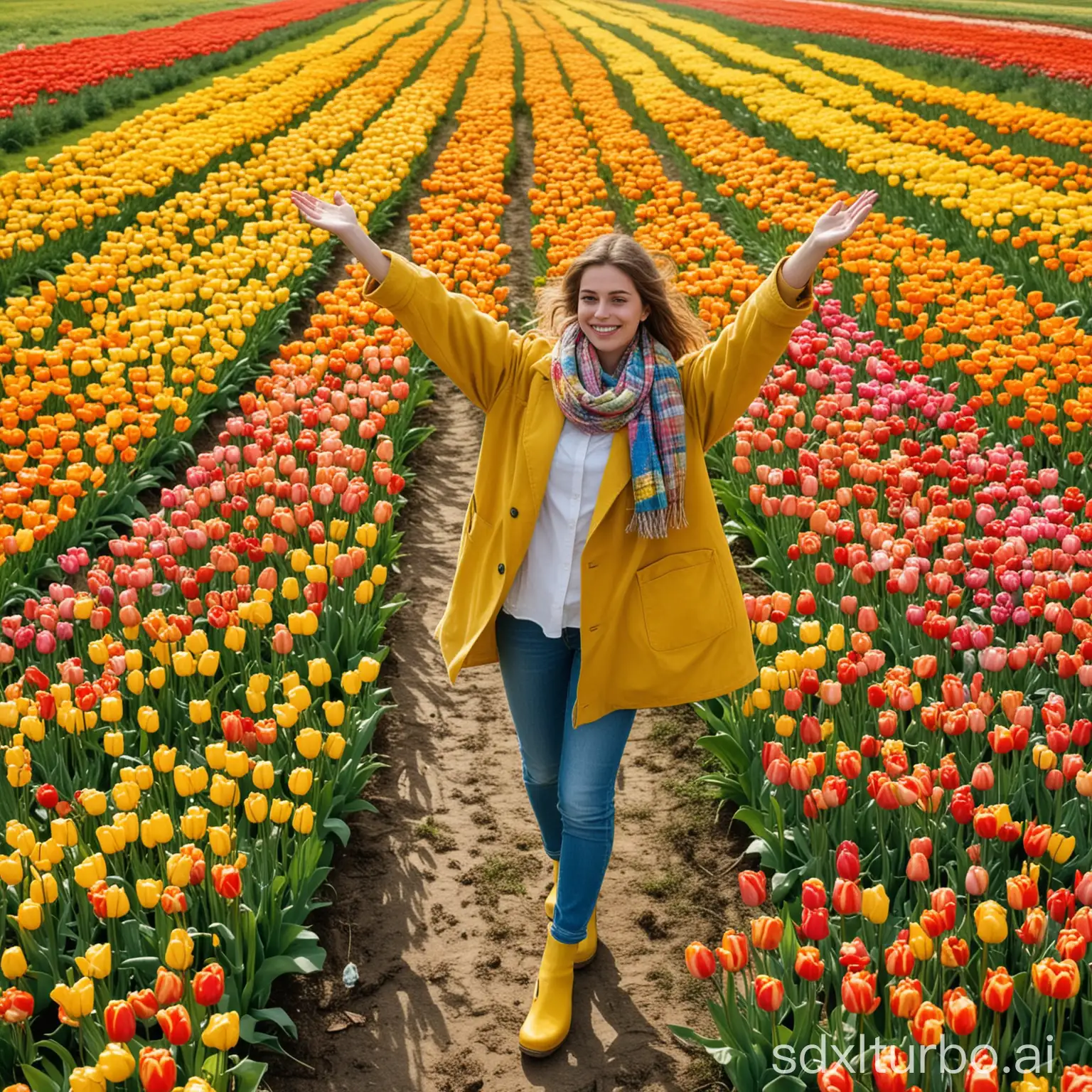 Young-Woman-in-Bright-Yellow-Wooden-Clogs-Joyfully-Posing-in-Tulip-Field-in-the-Dutch-Countryside