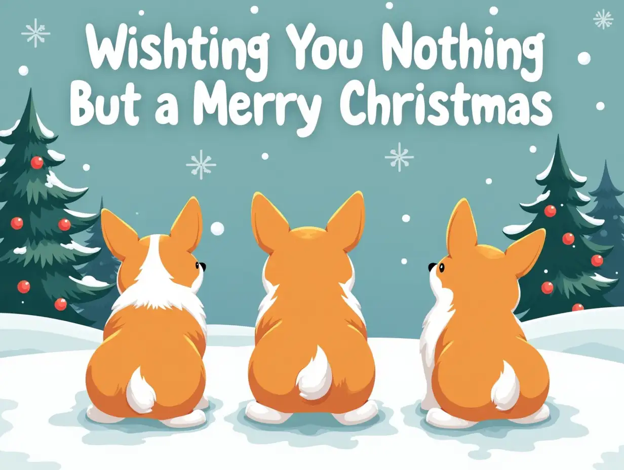 Vector. Featuring The text 'Wishting You Nothing But a Merry Christmas' above it. Only the beautiful buttocks of three Corgi dogs can be seen, standing in a snowy winter landscape. A Christmas landscape with a Christmas tree is in the background. Cartoonish style