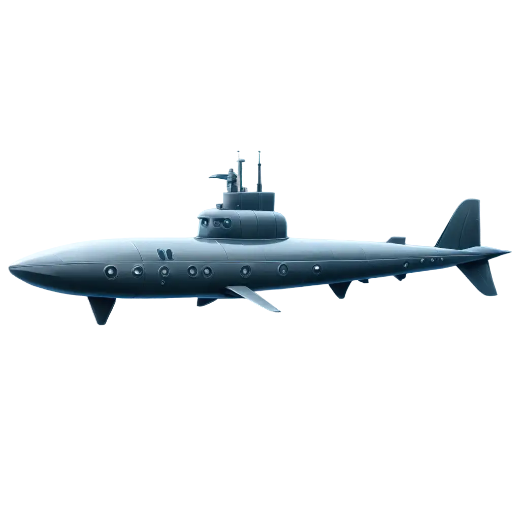 Side view of a cartoon submarine on a transparent background