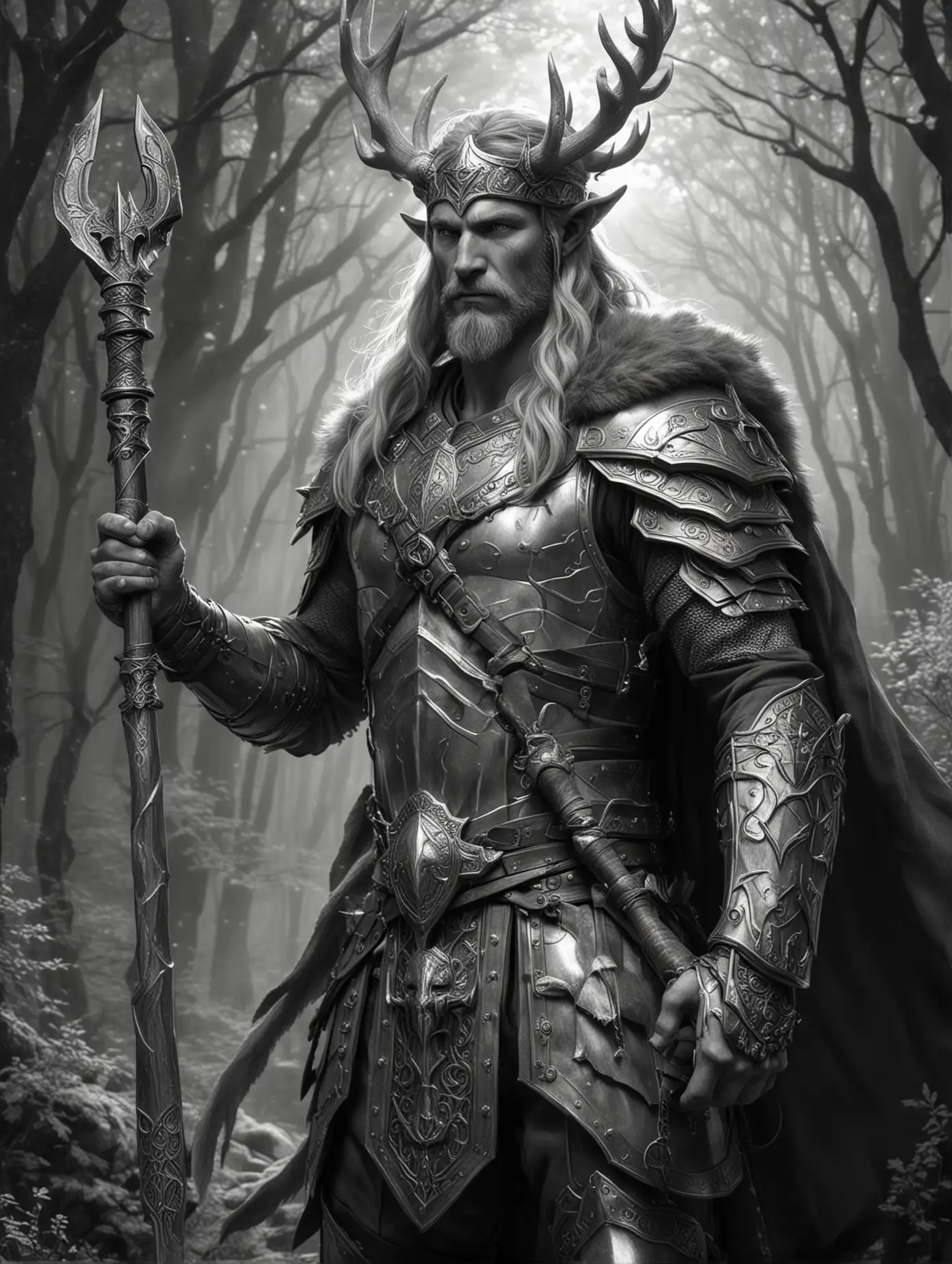 Depict Freyr, the Vanir god of fertility and prosperity in Norse myth. Show him brandishing his gleaming broadsword of light and donning his antler crown. Show him in the realm of Alfheim. Depict him in full armor.  Show this all in grayscale.