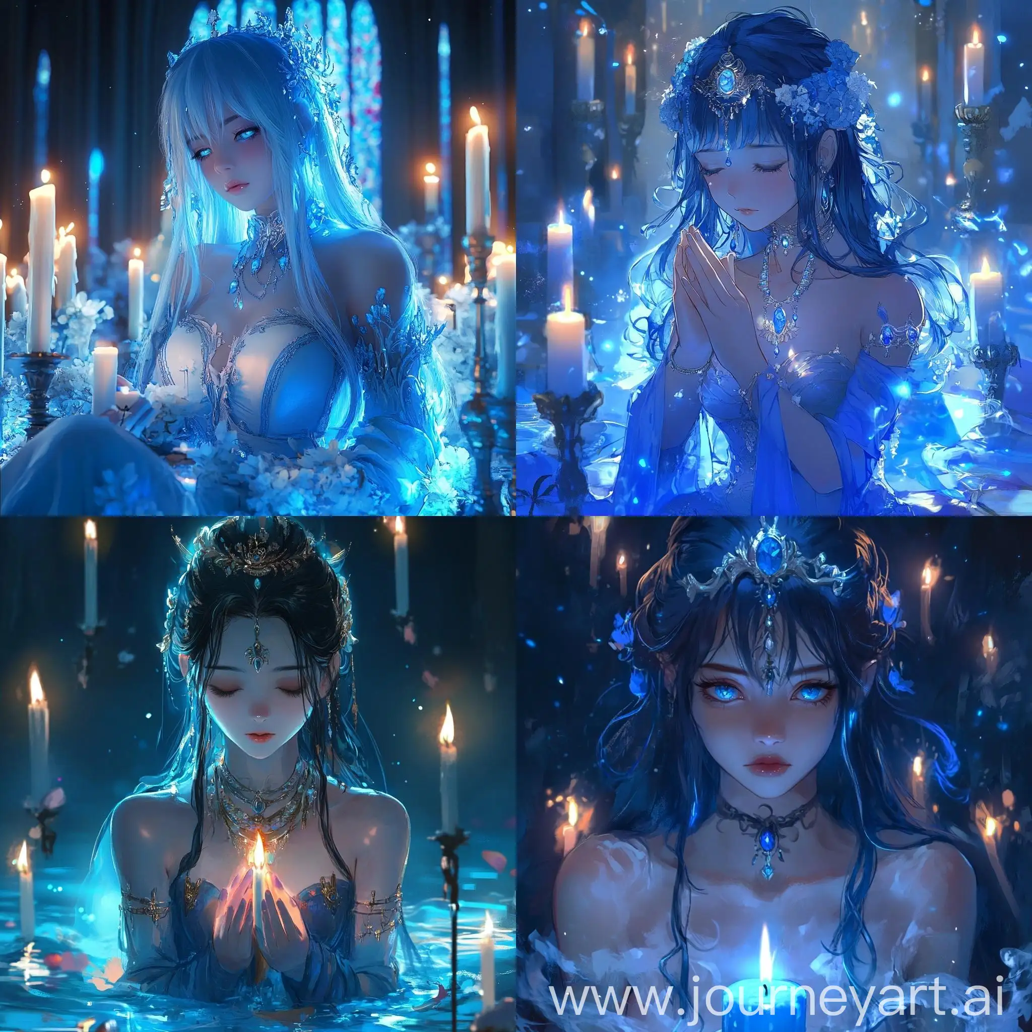 Anime-Style-Girl-Goddess-Worship-in-Blue-Candlelit-Temple