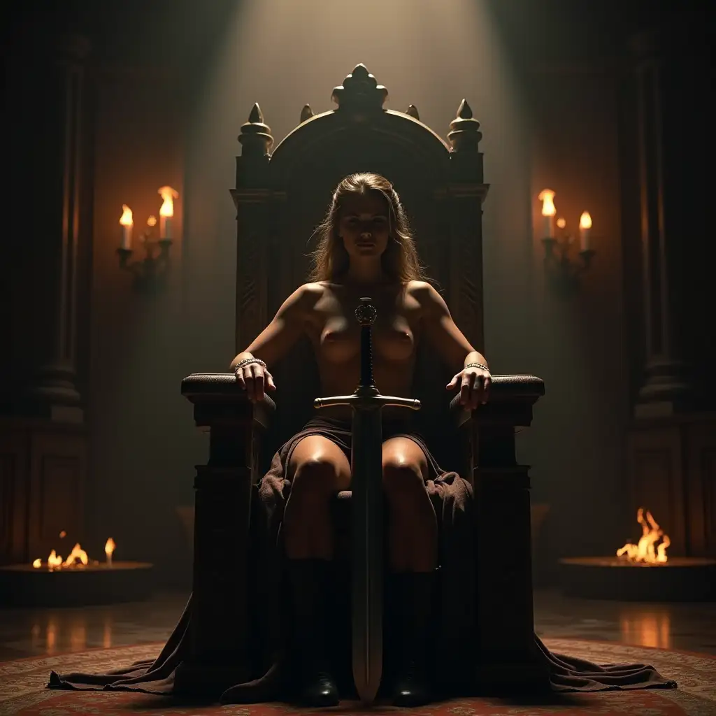 Warrior-Queen-Sitting-on-Throne-After-Battle-in-a-Shadowy-Grand-Hall