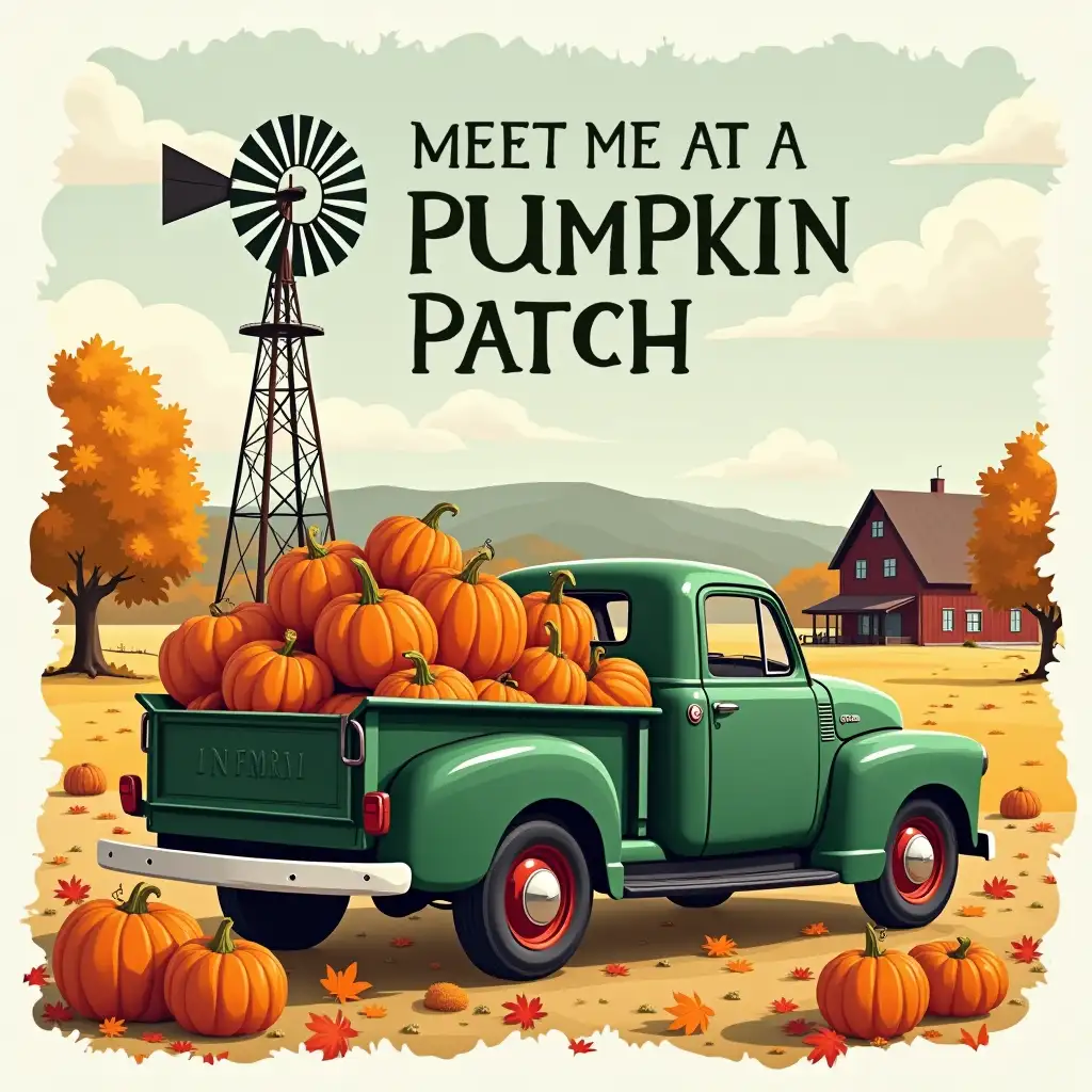 vector. the text 'MEET ME AT THE PUMPKIN PATCH' above it. A vintage green pickup truck overflowing with pumpkins and autumn leaves. A windmill stands tall in the background, and a rustic farmhouse is visible in the distance. Scattered pumpkins and hay bales complete the fall scene.