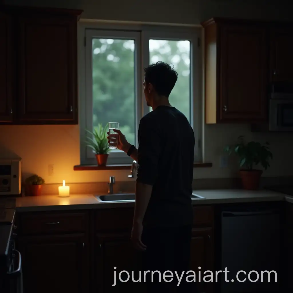 Man-Contemplating-in-a-Dimly-Lit-Kitchen-with-Candlelight-Ambiance
