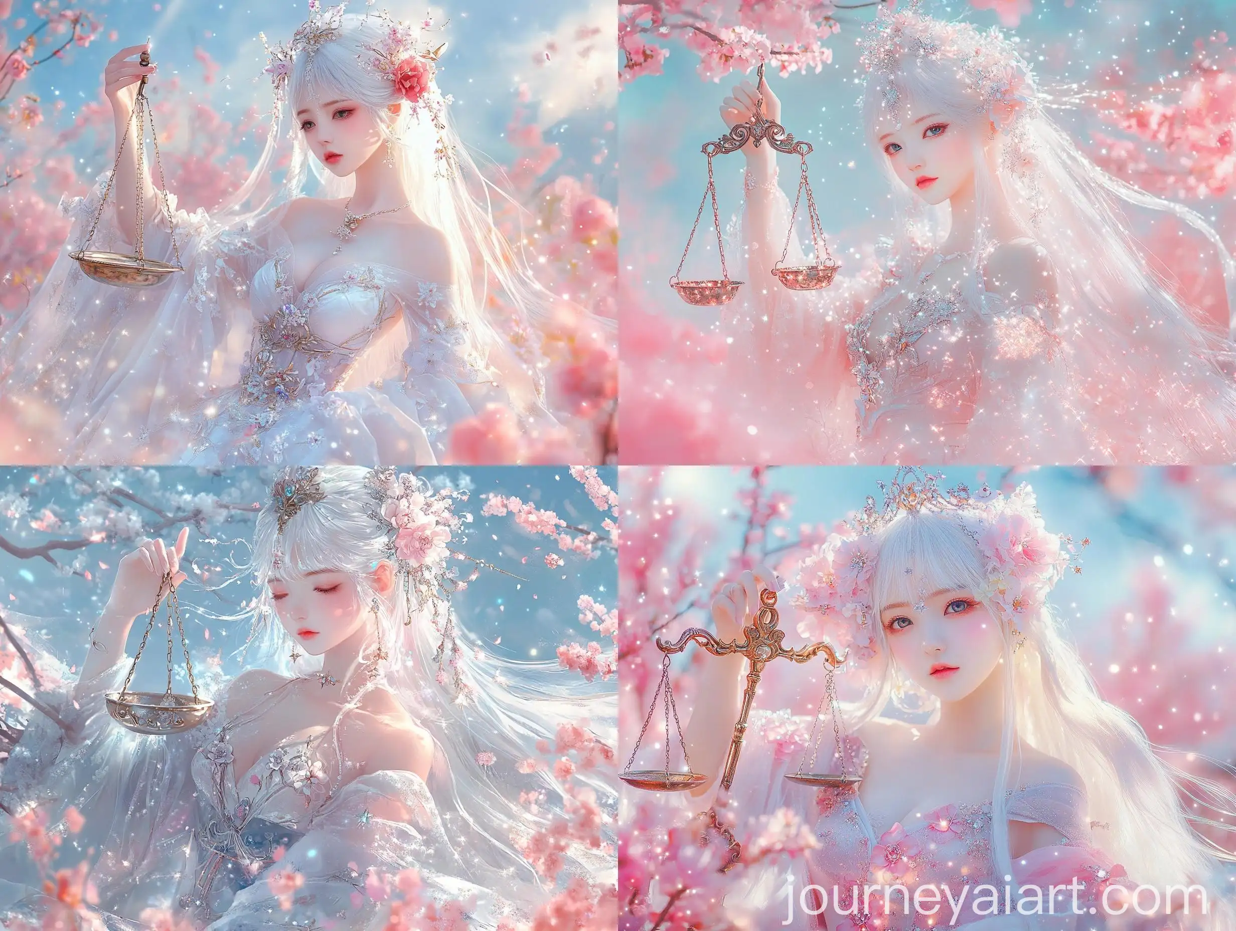 Asian-Woman-in-Shimmering-Gown-with-Balance-Scale-in-Ethereal-Pink-Flower-Field