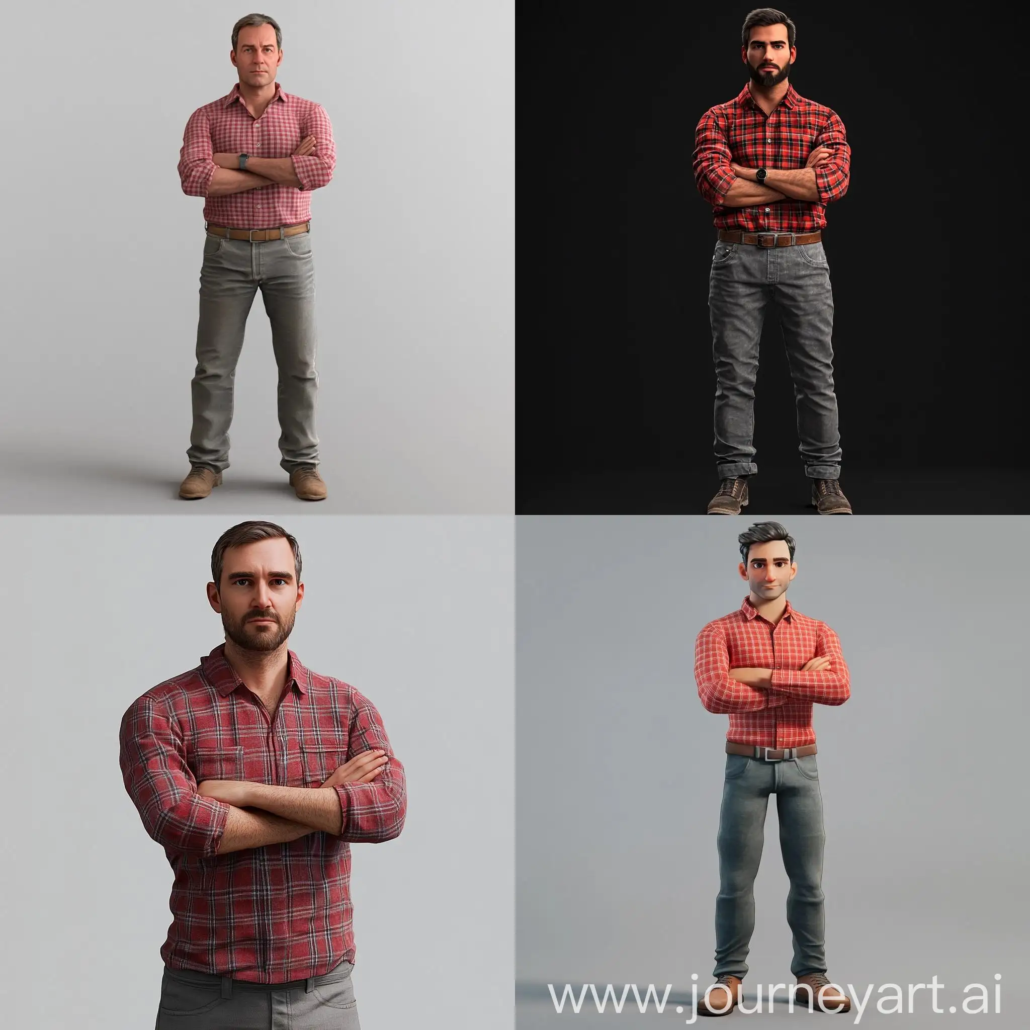 Man-in-Red-Checked-Shirt-and-Gray-Pants-Standing-with-Arms-Crossed-3D-Style-Portrait