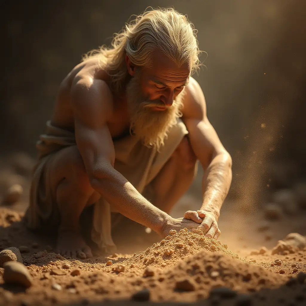 GOD creating Adam from dust, show the actual creation process, hyper-realistic, ultra-detailed scene, amazing background, amazing lighting, high details, photorealistic in 4k