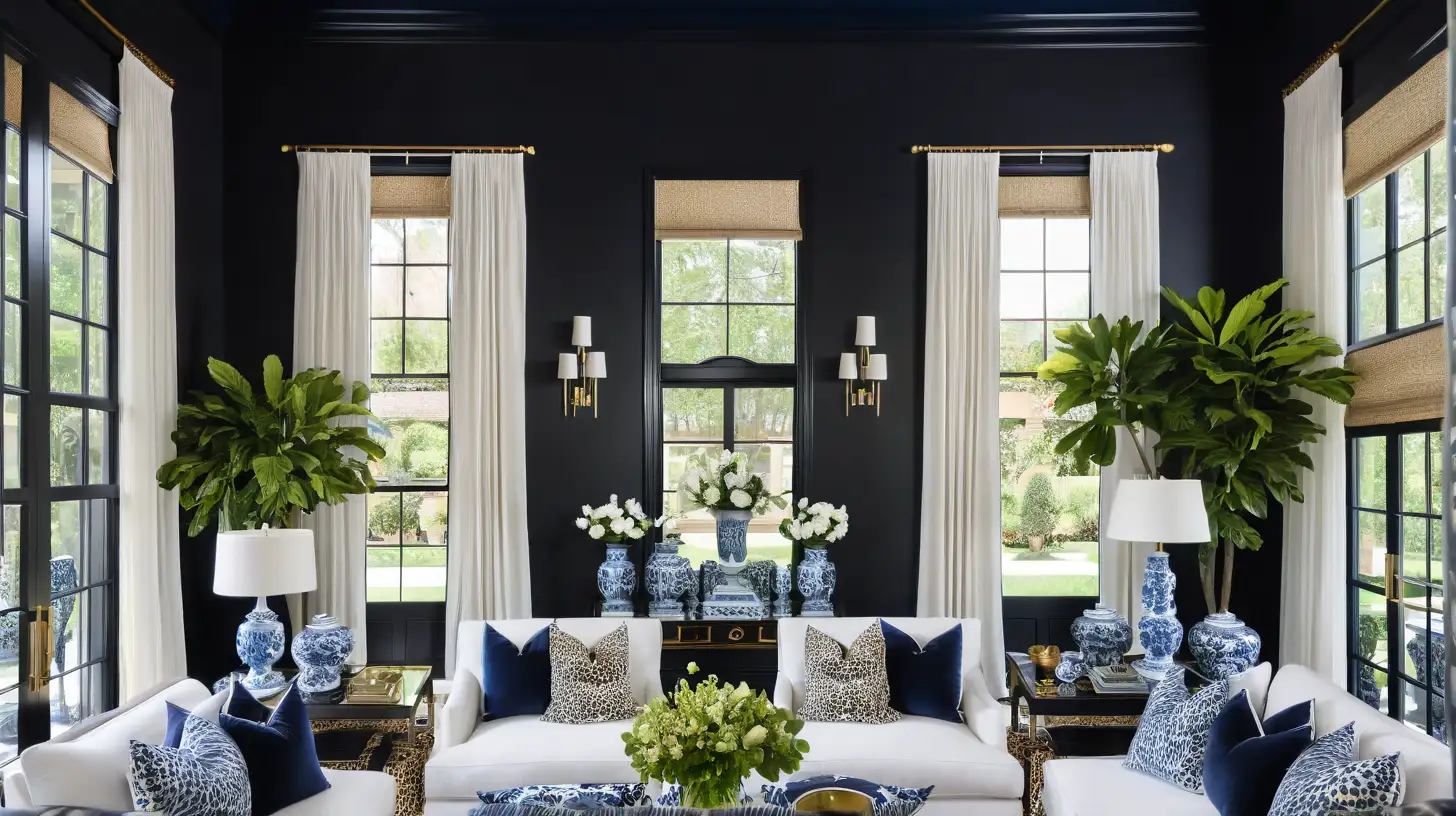 Sophisticated Living Room with Black Walls and Chinoiserie Decor