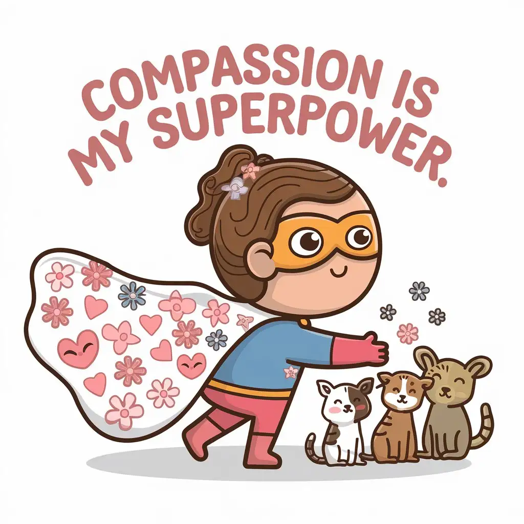 Compassion is My Superpower. written, a cute cartoon superhero with a cape made of hearts and flowers, white background