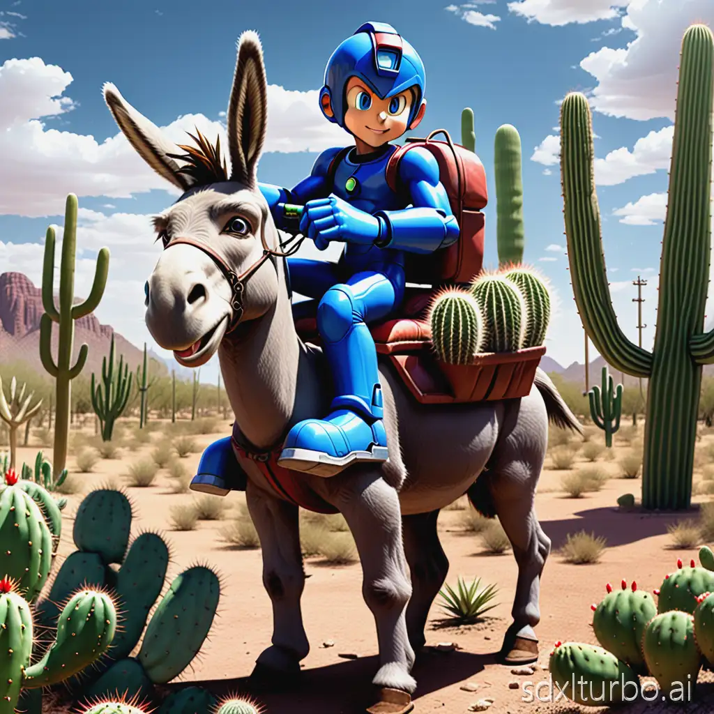 Megaman riding a donkey in a cactus field