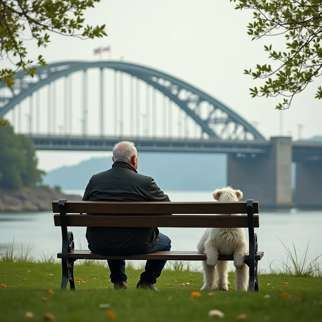 AI-Image-ExpansionElderly-Man-and-Miniature-Schnauzer-on-Park-Bench-Watching-Bridge-Over-Strait