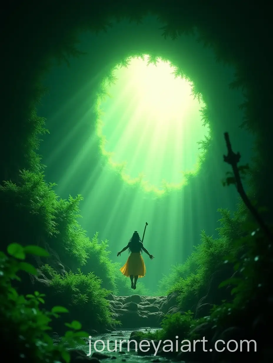 Lord-Shiva-Soaring-Through-Lush-Green-Forest-Tunnel-Towards-Bright-Sky