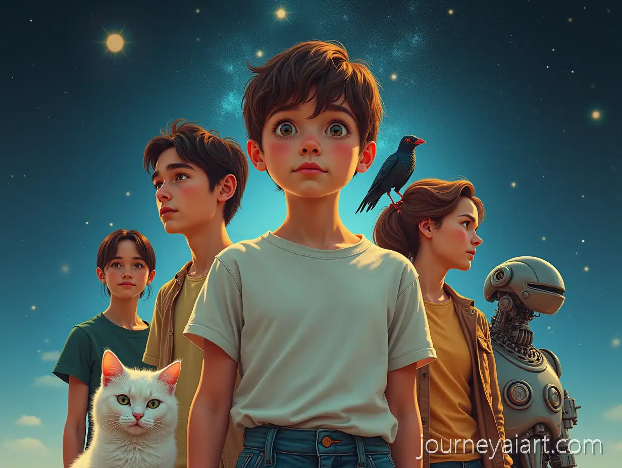 Teenager-in-Casual-Clothes-with-Robot-Cat-and-Mechanical-BirdTeenager-with-Epic-Background-Against-Starfield-Backdrop