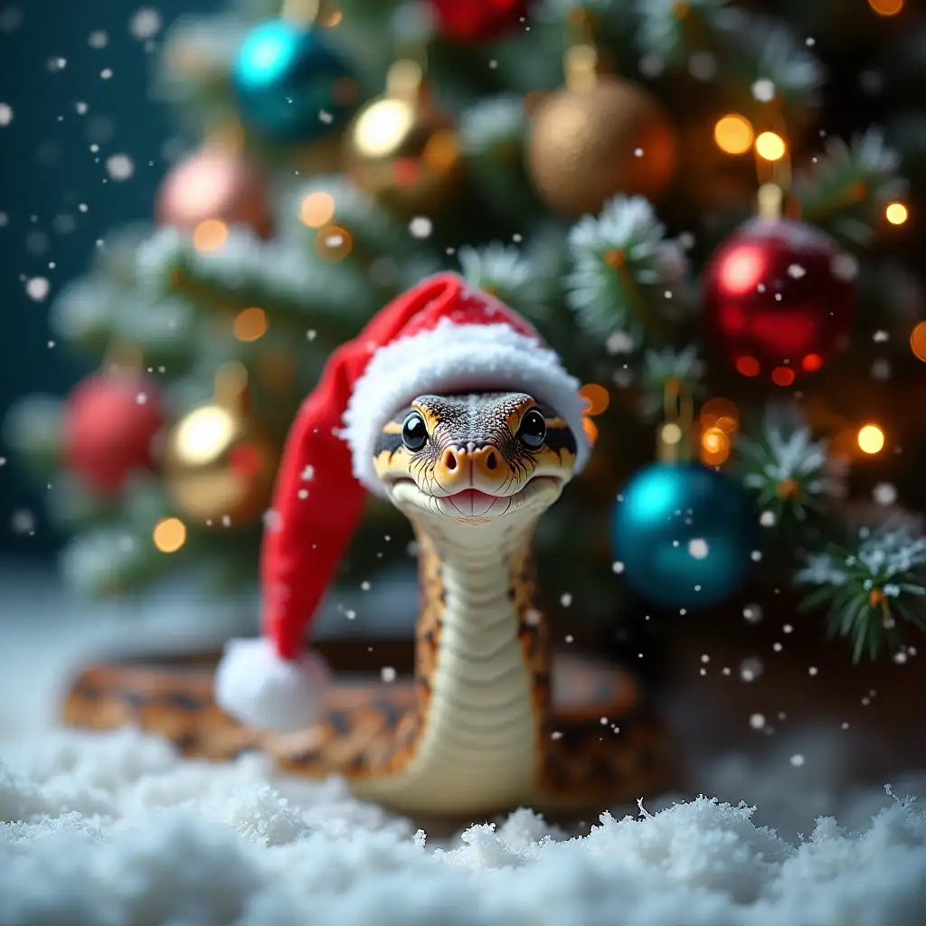 In the background of a brightly colored, decorated Christmas tree, snowflakes are slowly falling from the sky. Cozy winter: fluffy snow on the ground and frosty glow. In the center of the picture - a cute snake look at camera in a Santa hat, cheerfully peeking out from under the Christmas tree branches, surrounded by colorful balls and garlands. The hat is a bit too big, and the snake with a playful smile looks like it is ready to make a New Year's wish