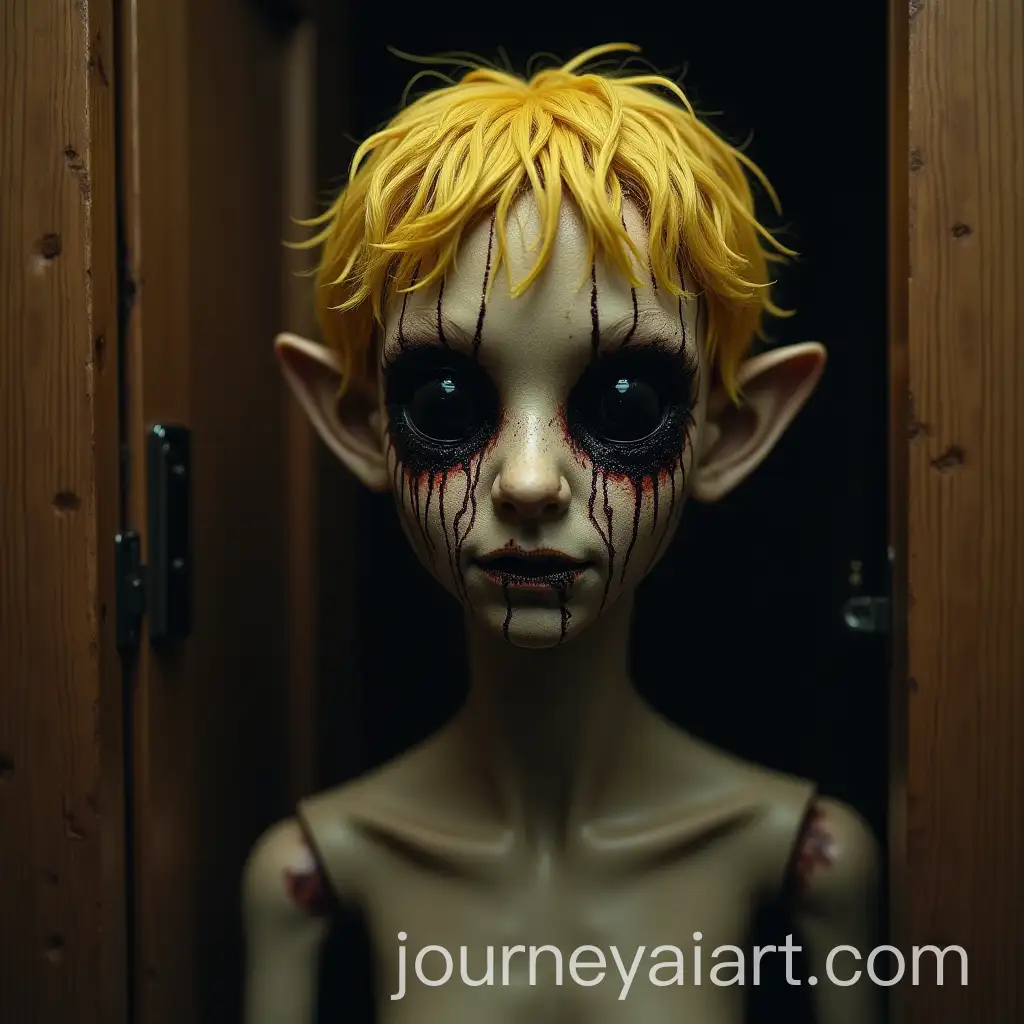 Eerie-Humanlike-Figure-with-Unsettling-Facial-Features-Behind-Wooden-Door