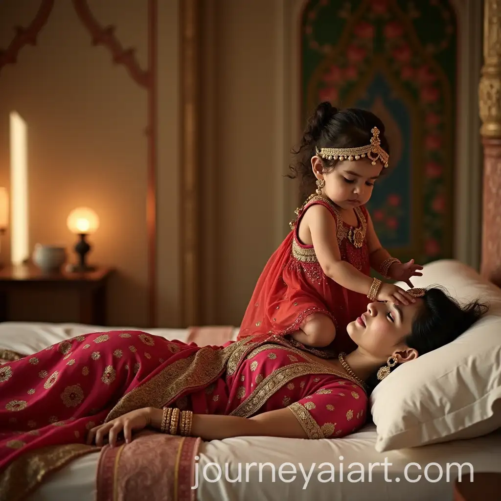 Turkish-Baby-Girl-in-Indian-Princess-Outfit-Attempting-to-Stand-on-Head-Next-to-Sleeping-Mom-in-Indian-Palace