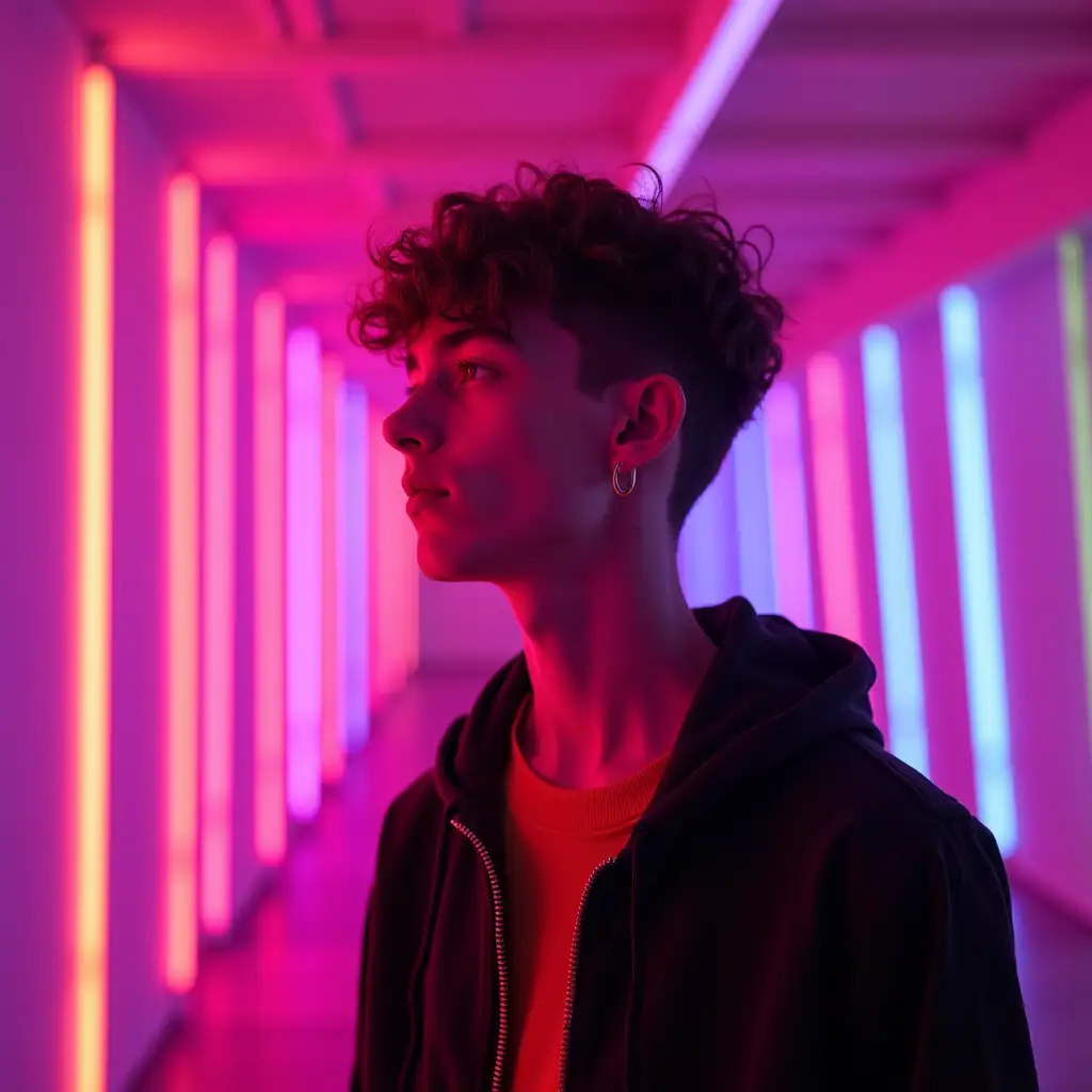 teenage boy in a neon room