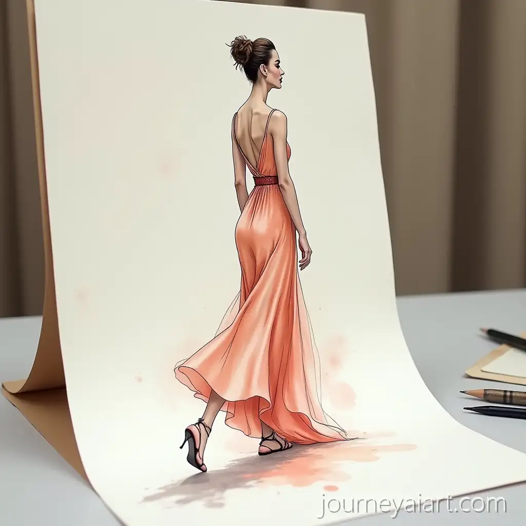 Hyperrealistic-Elegant-Woman-Emerging-from-Watercolor-Sketch-in-Flowing-Satin-Gown