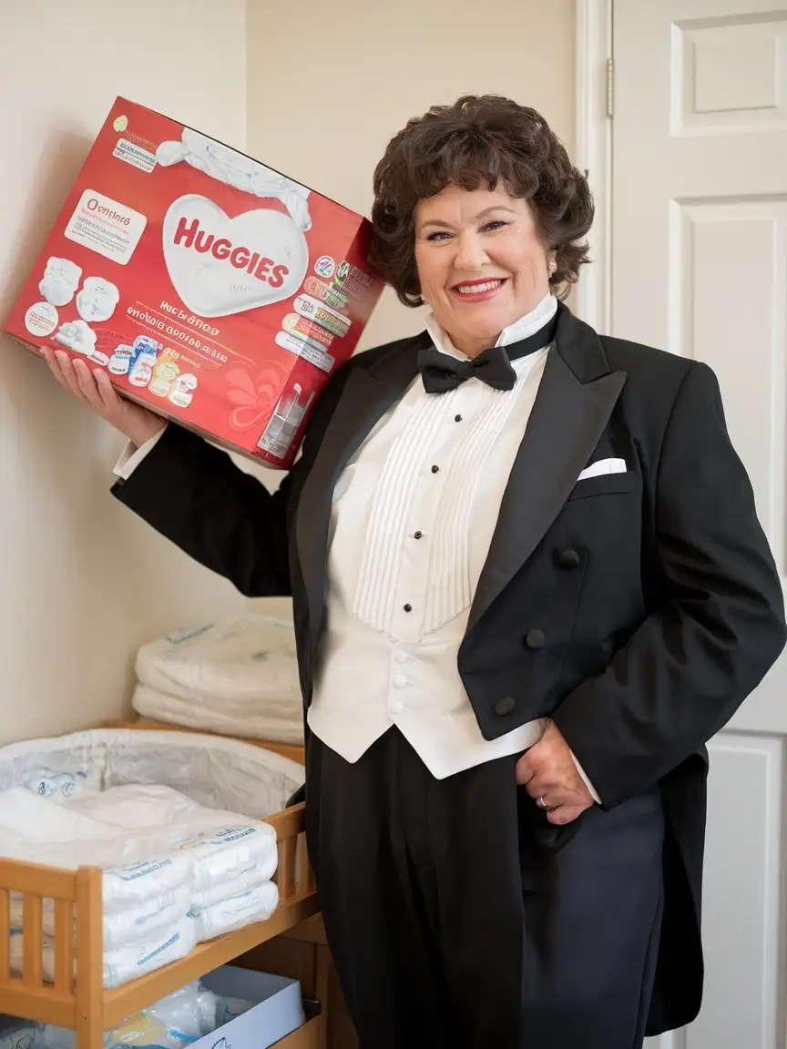 Smiling-MiddleAged-Woman-in-Formal-Concert-Tuxedo-with-Huggies-Box-in-Nursery