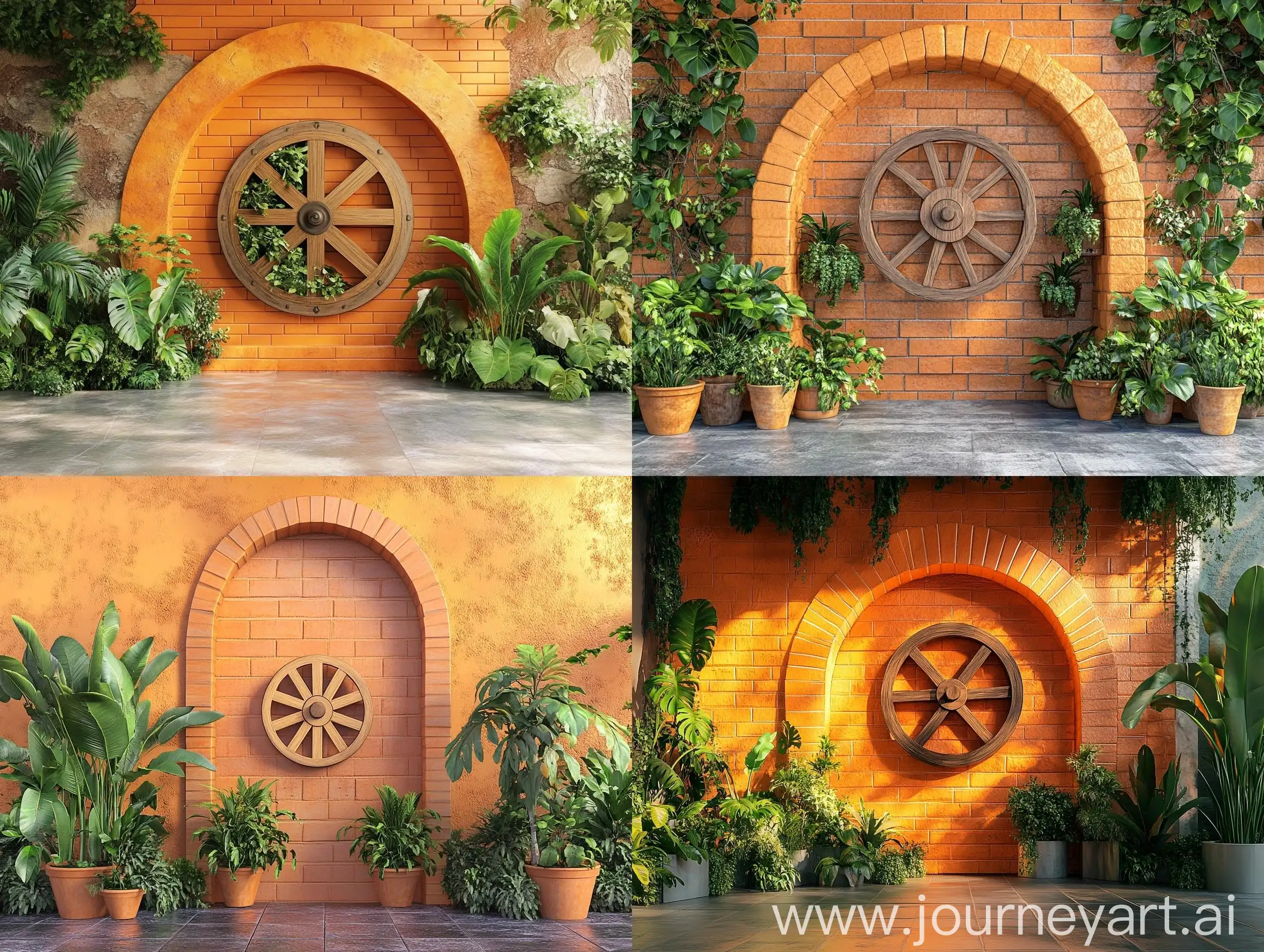 Vibrant-Orange-Brick-Wall-with-Arch-and-Rotating-Wheel