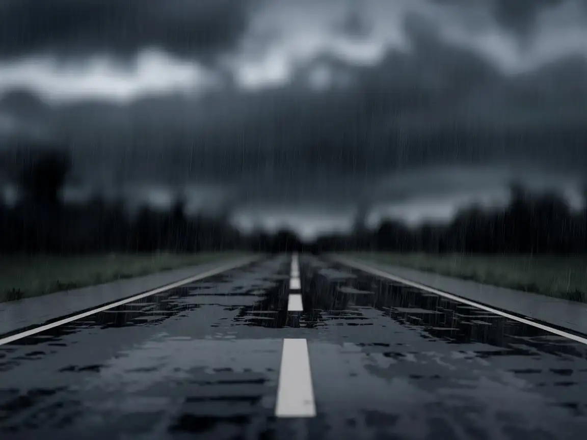 Sinister Nighttime Scene with Rainy Empty Road