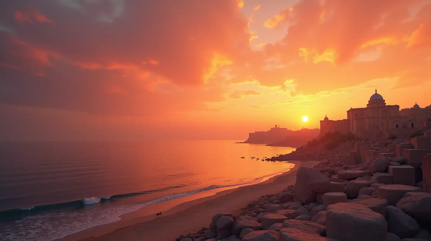 Biblical Era Sunset Over Coastal City with Jewish Temple