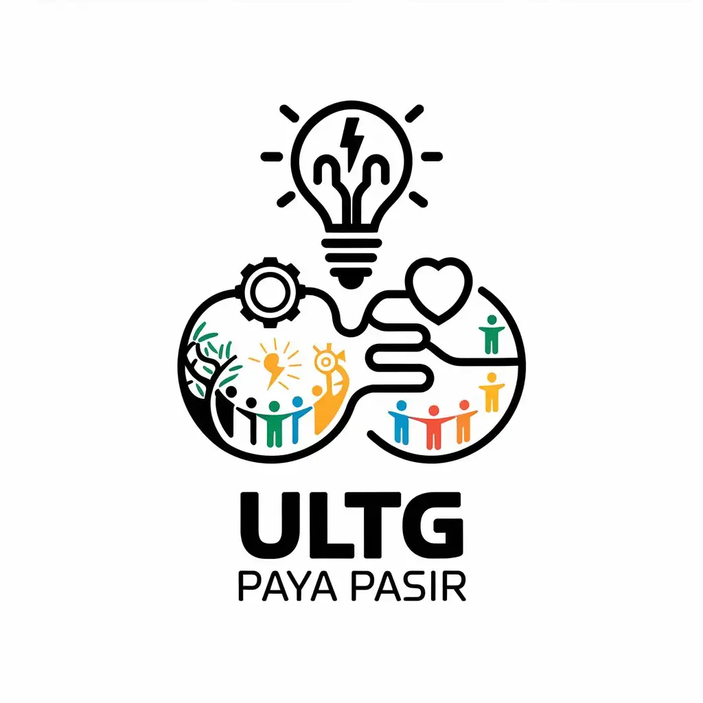 a vector logo design,with the text "ULTG PAYA PASIR", main symbol:Electric circuit forming shape of two hands, Light bulb with ball wrapped shield, A tree with electrical cables integrated into its branches, Circle with various figures holding hands, with lightning in the middle, Gear combined with heart shape,complex,be used in Retail industry,clear background